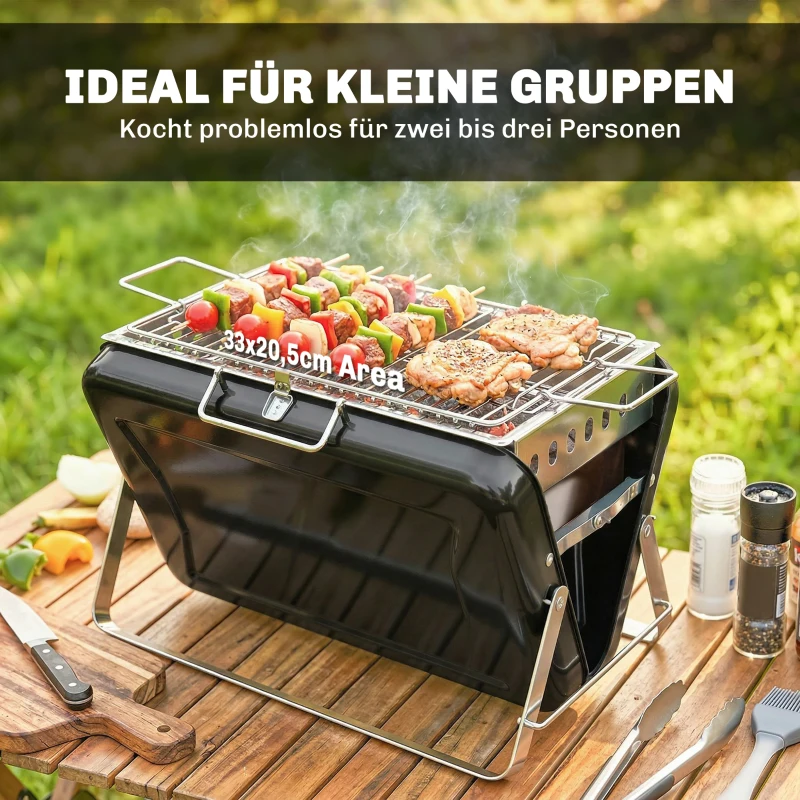 Outsunny Holzkohlegrill aus Edelstahl BBQ Smoker mit Grillrost Griff klappbaren Beinen für Barbeque Camping 40x28x25,5cm Schwarz