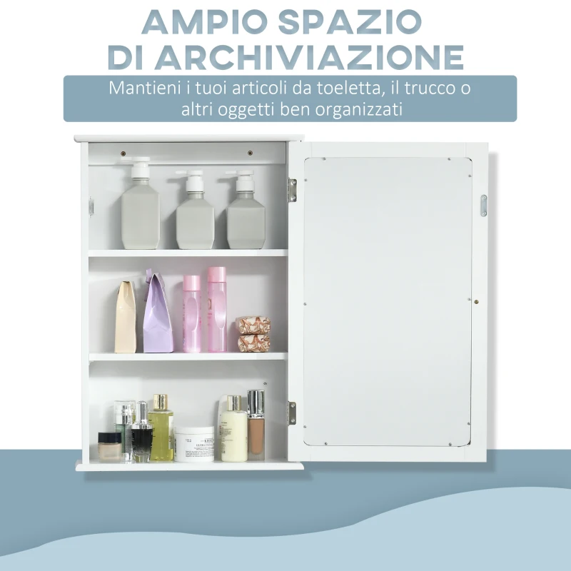 kleankin Specchio Bagno Contenitore con Anta Magnetica, Mobile Bagno con Specchio, Ripiano Regolabile, Bianco