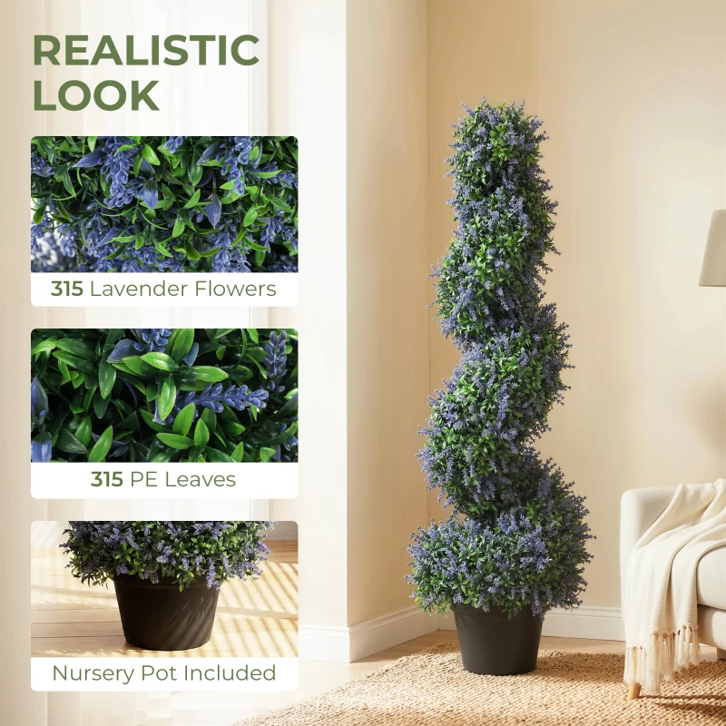 HOMCOM Artificial Lavender Topiary Tree Set of 2, UV Resistant Fake Plants in Pot for Indoor Outdoor Decor, 90 cm, Purple