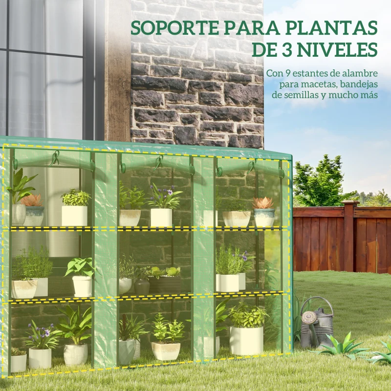 Outsunny Invernadero de Exterior de 3 Niveles con Puerta Enrollable con Cremallera 9 Estantes Cubierta de PE 215x46x151cm Verde