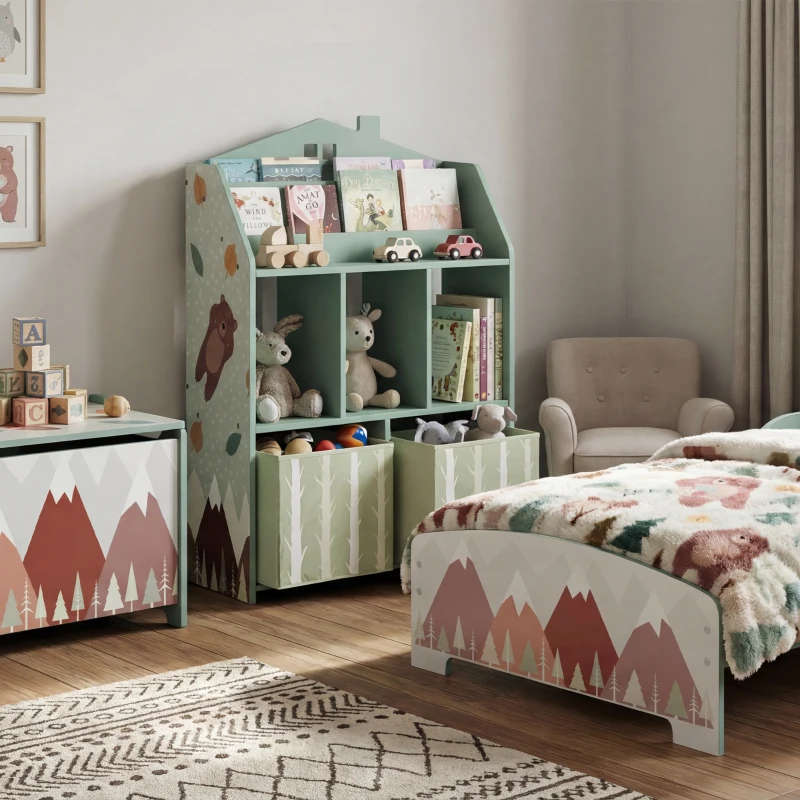 AIYAPLAY Kinderregal Bücherregal Kinder mit 2 Stoffschubladen offen Regal für 3-8 Jahre 62,5x30x91,5 cm Grün