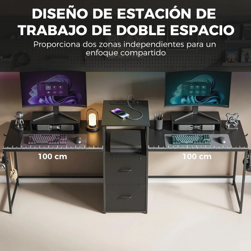 HOMCOM Mesa Gaming Doble de 244 cm con Estación de Carga Puertos USB Soportes para Monitor Cajones de Tela Negro