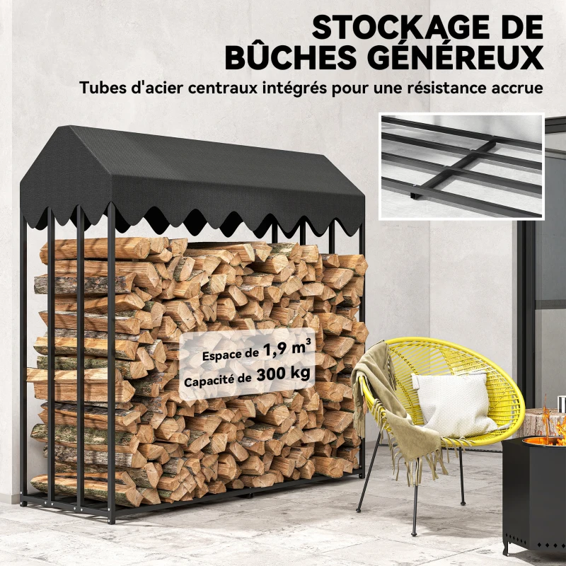 Outsunny Range bûches extérieur, étagère à bûches avec housse de protection 600D Oxford capacité 1,9 m³, acier 186x70x185cm noir
