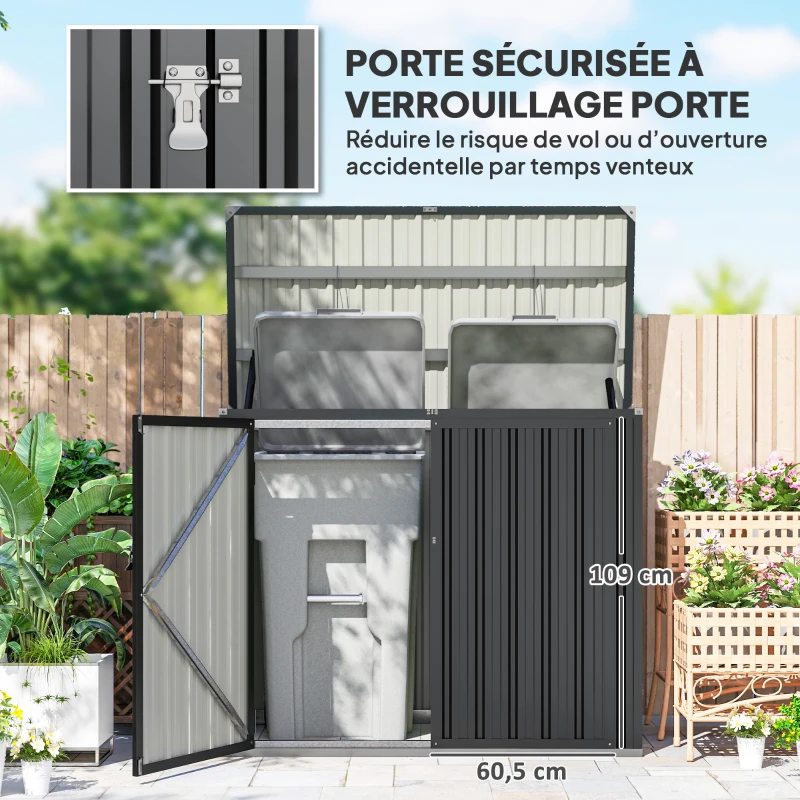 Outsunny Cache Poubelle Extérieur 1,2 m², 150x80x117cm, Abri de Jardin Acier Galvanisé pour 2 Poubelles, Double Porte à Serrures