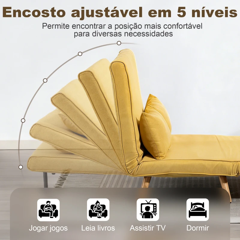 HOMCOM Sofá-Cama de 2 Lugares Dobrável Estofado em Linho com Encosto Ajustável em 5 Posições e 2 Almofadas Amarelo