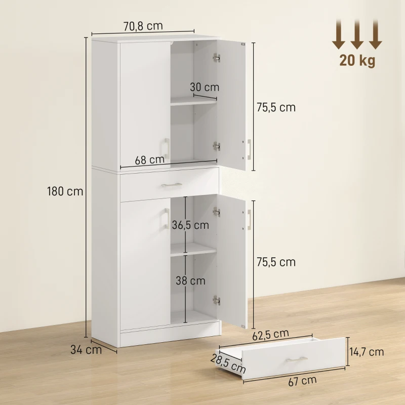 HOMCOM Alacena de Cocina con 4 Puertas 1 Cajón y Estantes Ajustables Antivuelco para Comedor Salón 70,8x34x180cm Blanco y Plata