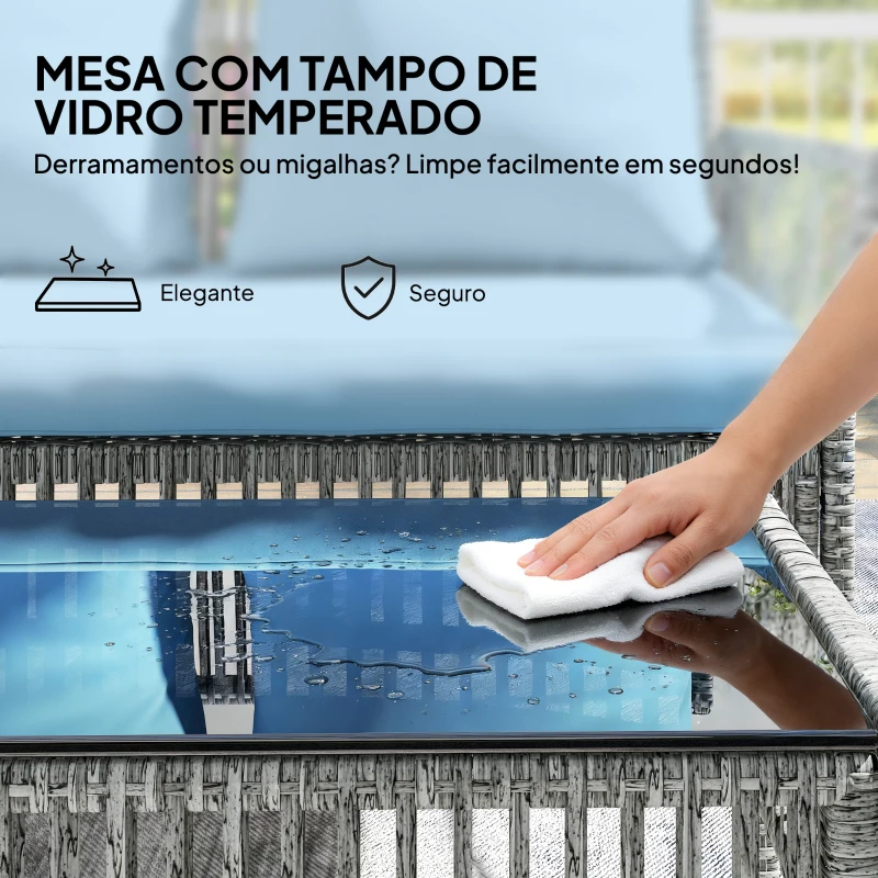 Outsunny Conjunto de Jardim Exterior de Vime com Sofá de 2 Lugares, Chaise Longue e Mesa de Centro com Vidro Temperado Azul Claro