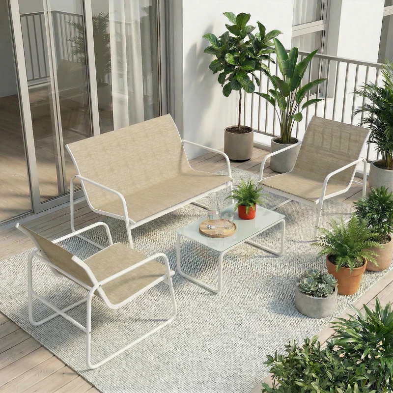 Outsunny Conjunto Jardín Exterior de 4 Piezas con Sofá de 2 Plazas 2 Sillones Mesa de Vidrio Templado Tela Textilene Caqui