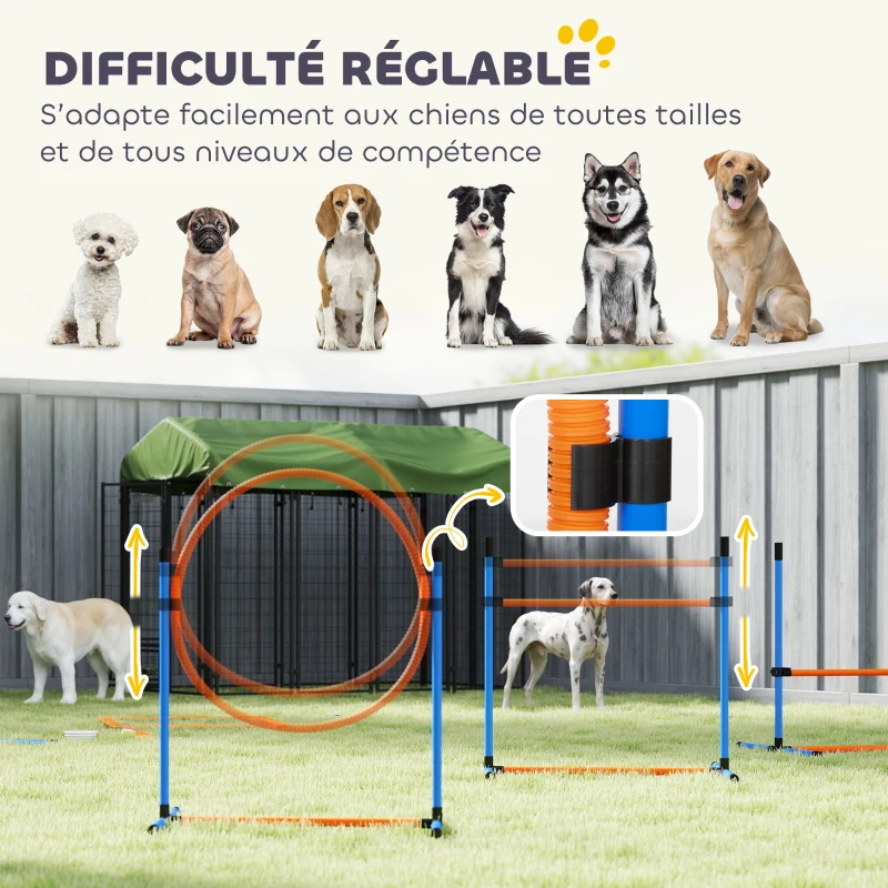 PawHut Ensemble d'Agilité pour Chien 11 Pièces, Parcours d'Obstacle avec 2 Tunnels, Sauts Ajustables, Orange et Bleu