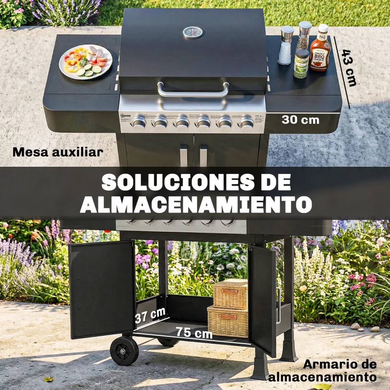 Outsunny Barbacoa de Gas con 6 Quemadores Termómetro Parrilla Mesas Laterales Armario y Ruedas 135x51x101 cm Negro