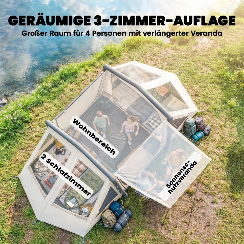 Outsunny Aufblasbares Zelt 4 Personen Schneller Aufbau Outdoor Zelt für Camping mit 2 Schlafzimmern Vorraum Fenster