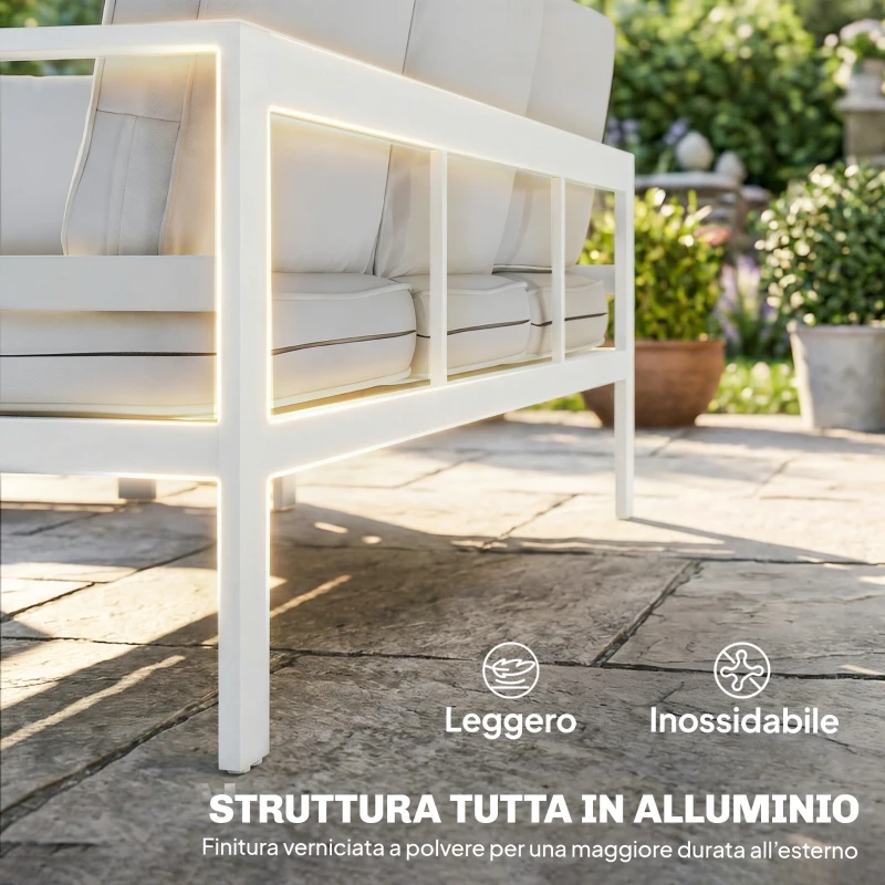 Outsunny Mobili da Giardino in Alluminio con Divano 3 Posti, 2 Sedie e Tavolo per Esterni, Bianco