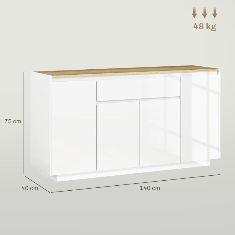 HOMCOM Aparador de Sala de Estar com 4 Portas Gaveta e Prateleiras Ajustáveis 140x40x75 cm Madeira e Branco Brilhante