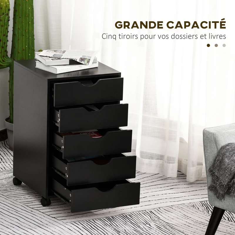 HOMCOM Caisson bureau mobile, meuble rangement bureau sur roulettes, 5 tiroirs, 40 x 40 x 67 cm, noir