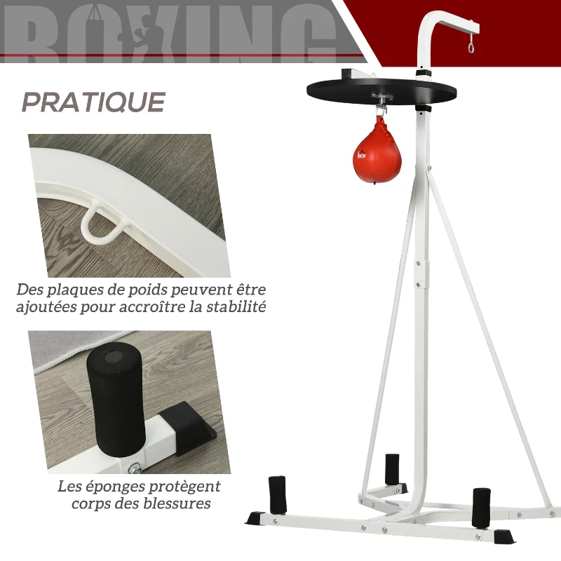 HOMCOM Support pour sac de frappe sur pieds autoportant 2 en 1 avec poire de vitesse 156 x 115 x 224 cm blanc