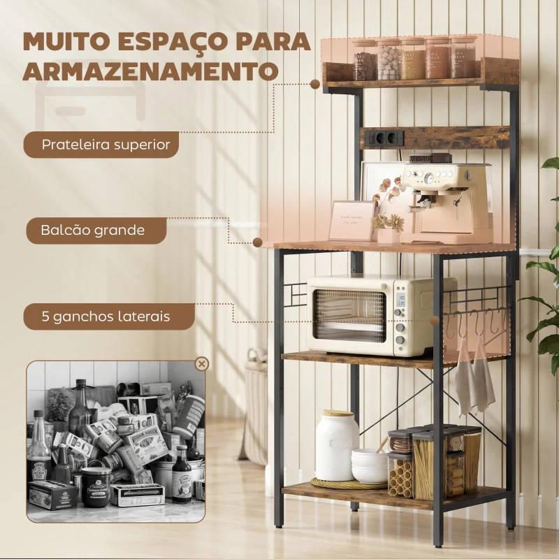 HOMCOM Estante de Cozinha com 2 Tomadas Prateleira para Micro-ondas Prateleira Ajustável Ganchos 60x42x137 cm Castanho Rústico