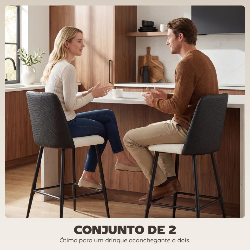 HOMCOM Conjunto de Bancos Altos de Cozinha com Encosto e Descanso para os Pés Revestidos em Linho e PU Estrutura de Aço Preto