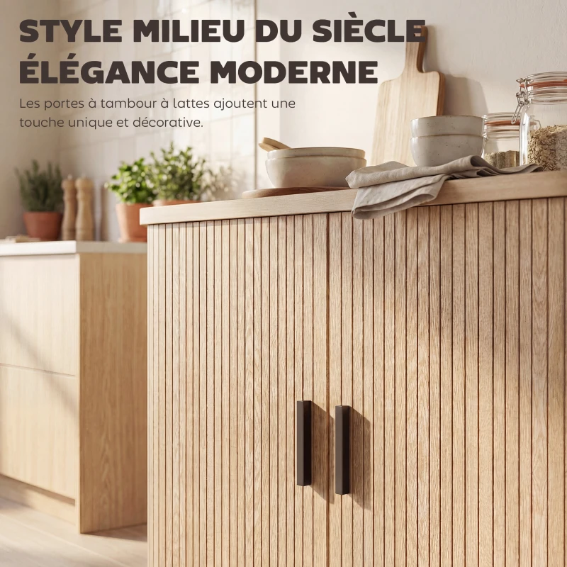 HOMCOM Buffet salon, meuble de rangement avec 2 portes coulissantes en tambour à lattes et 4 compartiments, chêne
