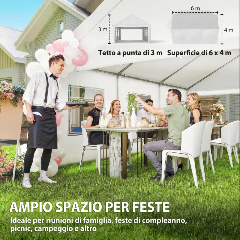 Outsunny Gazebo da Giardino 4x6 m con Pannelli Laterali, 6 Finestre e Doppio Ingresso, in Acciaio Galvanizzato, Bianco