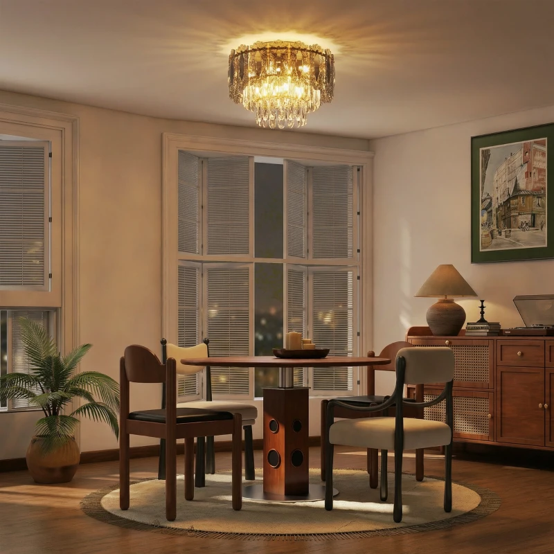 HOMCOM Chandelier Ceiling Light, 3-Light Flush Mount Fixture with Dual Crystal and Smoke Glass Shade, 40 cm LED Ceiling Light for Living Room Bedroom, 3 E14 Sockets, Bulbs Not Included, Gold Tone