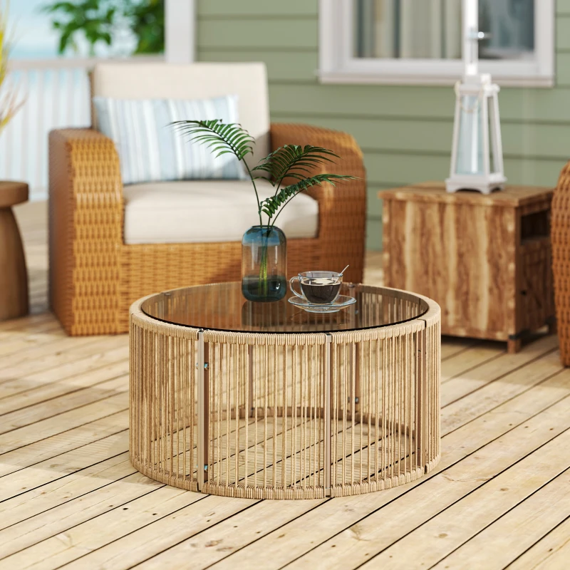 Outsunny Table Basse de Jardin Ronde en Résine Tressée, Plateau en Verre Trempé et Cadre en Acier Galvanisé, 70x70x33cm, Marron