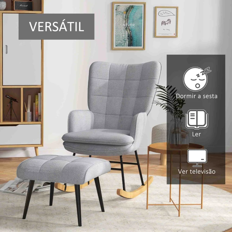 HOMCOM Poltrona Baloiço com Apoio para os Pés Poltrona Relax com Almofada Acolchoada e Anti-Tombo 64x89x90 cm Cinzento
