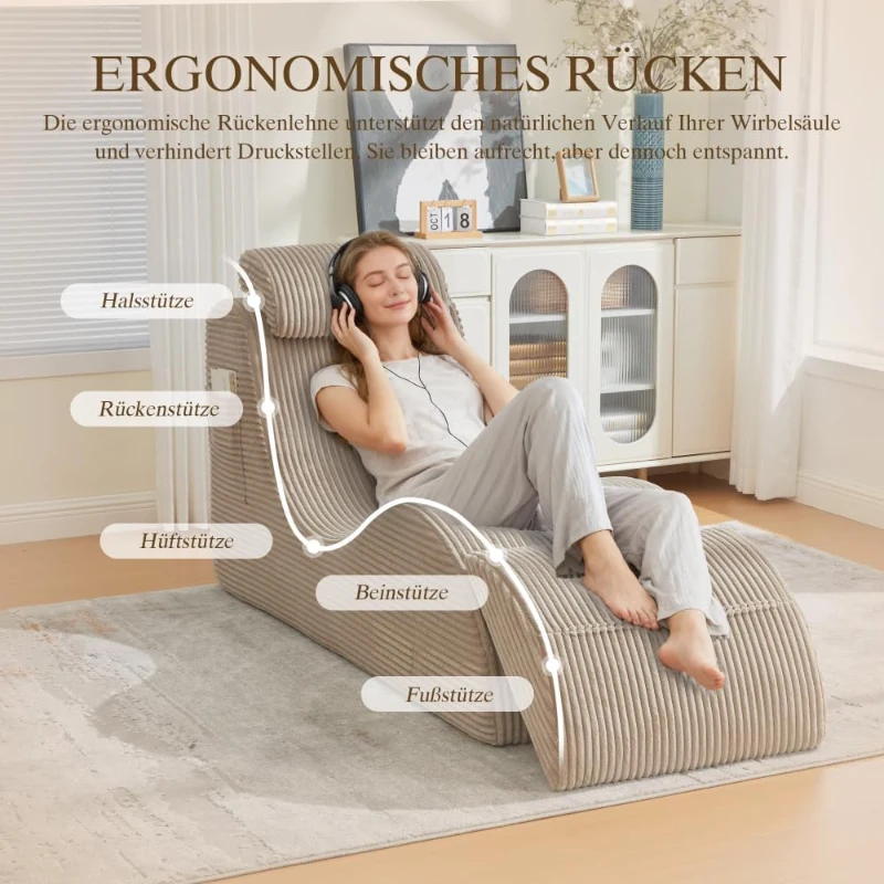 Moderner Freizeit-Sessel mit ergonomischer Rückenlehne, abnehmbarem Sitzkissen und Seitentasche, 160 x 66 x 90 cm, Khaki