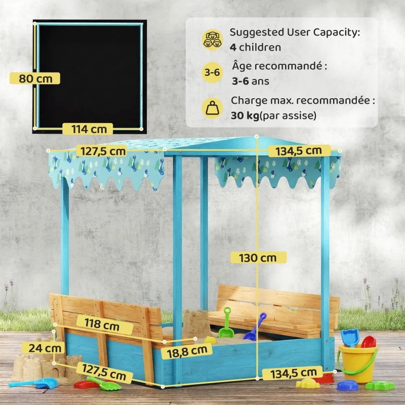 AIYAPLAY Bac à sable en bois avec couvercle, bac à sable enfant extérieur avec siège pliable toile imprimée flamants bleus