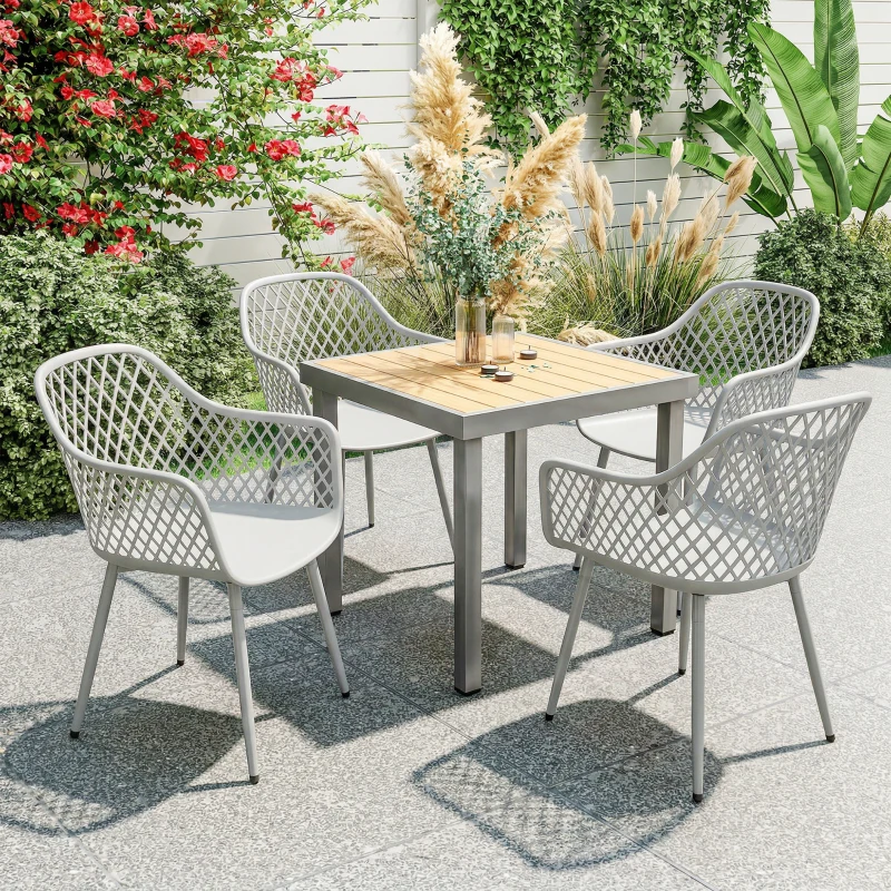 Outsunny Garden Chairs Set of 4, Garden Dining Chairs with Cut Out Diamond Back and Armrests for Patio, Balcony, Terrace, Grey