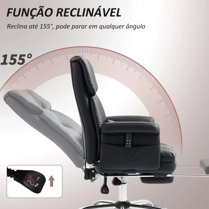 HOMCOM Cadeira de Escritório com Massagem em 6 Pontos Apoio para os Pés Retrátil Controlo Remoto e Suporte Lombar 69x65x115 cm Preto
