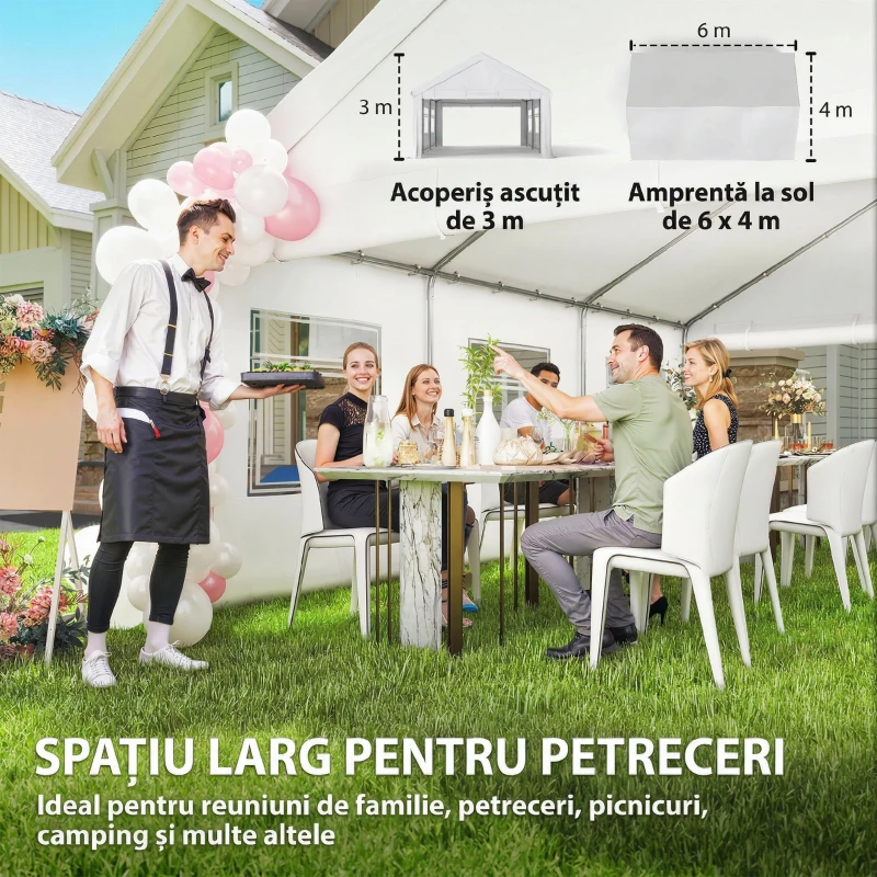 Outsunny Pavilion de Grădină 4x6 m cu Pereți Laterali, 6 Ferestre și Dublă Intrare, din Oțel Galvanizat, Alb