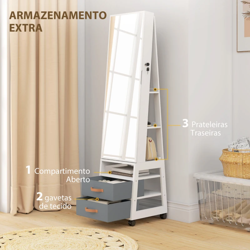 HOMCOM Espelho Armário de Jóias com Luzes LED Rodas Giratórias 360° Prateleiras Abertas Gavetas de Tecido Branco