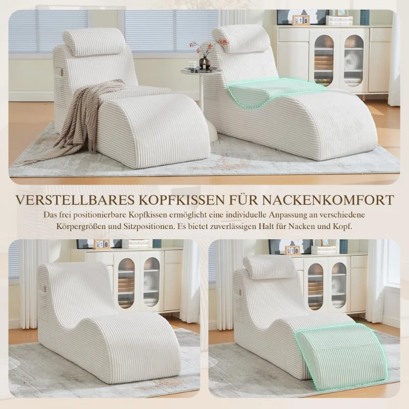 Moderner Freizeit-Sessel mit ergonomischer Rückenlehne, abnehmbarem Sitzkissen und Seitentasche, 160 x 66 x 90 cm, Beige