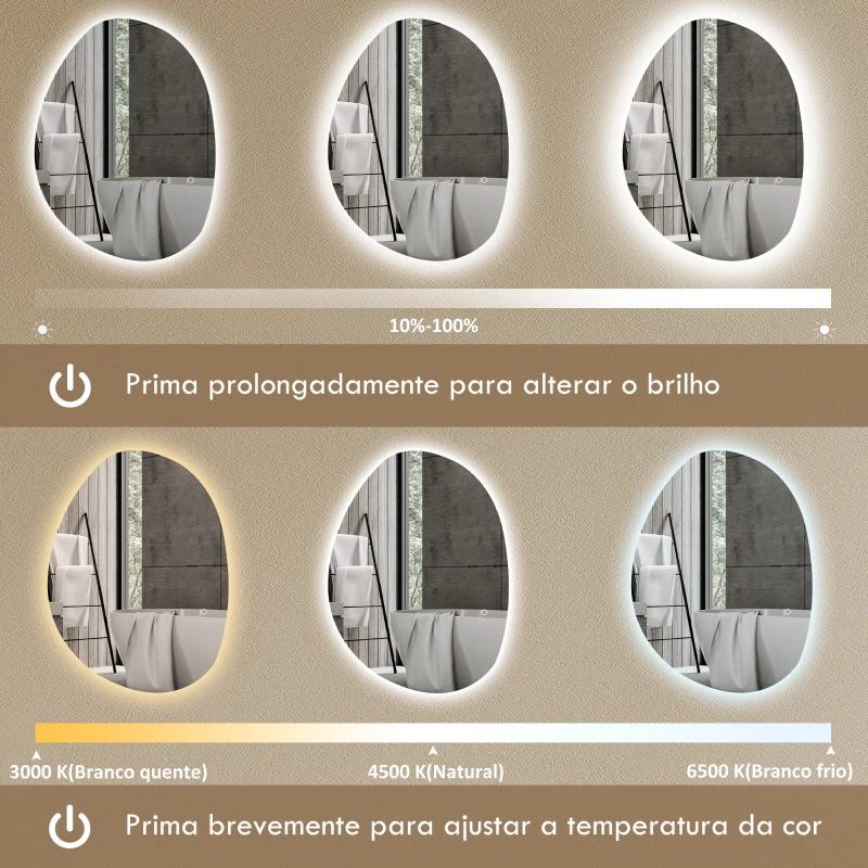 HOMCOM Espelho de Casa de Banho LED 3 Cores de Luz Brilho Regulável Função Anti-Embaciamento Função Memória IP44 70x50 cm Prata