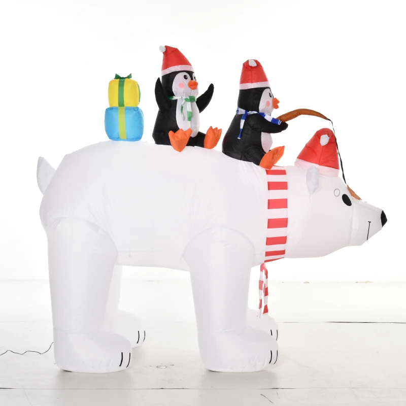 HOMCOM Ours Polaire Gonflable de Noël avec Lumières LED 206cm Décoration Gonflable de Noël Imperméable avec 2 Pingouins