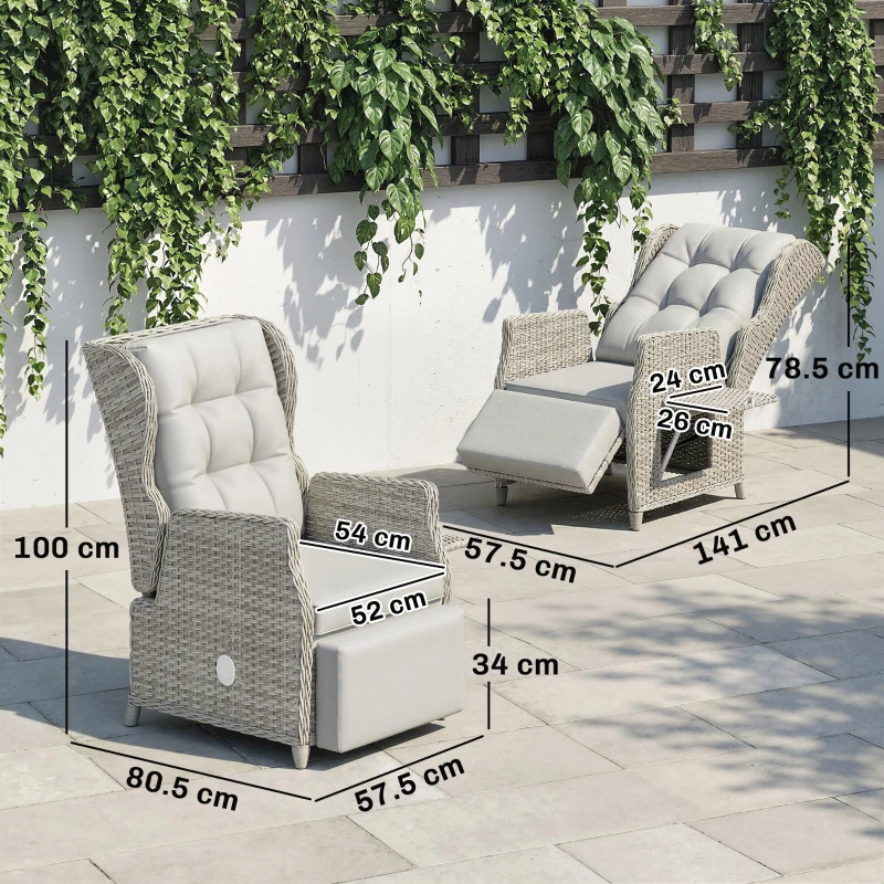Outsunny Rattan Garden Recliner Chair, Reclining Garden Chair with Adjustable Back and Footrest, Flip Table, Cushion, Light Grey