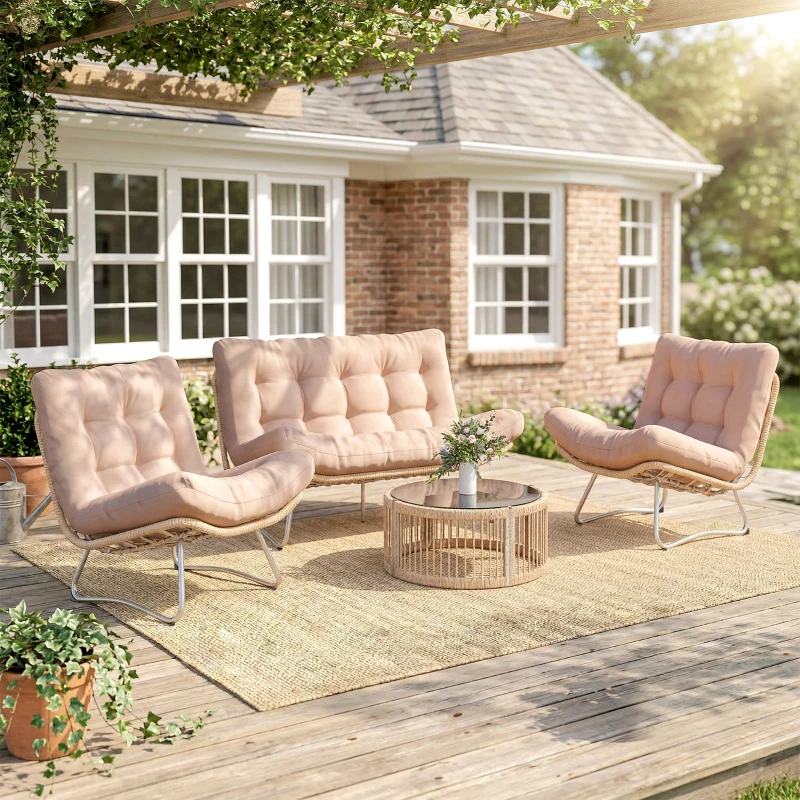 Outsunny Set de muebles de jardín 4 piezas Poliratán Lounge con sofá 2 plazas, 2 sillones, mesa de cristal, asiento ancho y profundo, cojines gruesos