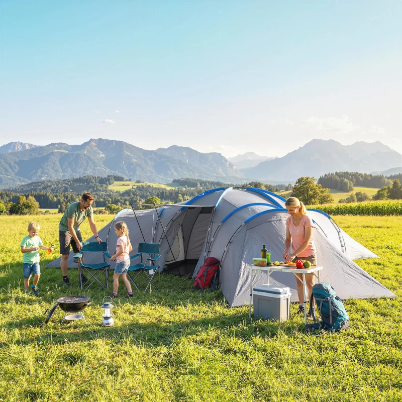 Outsunny 6-9 Man Large Tunnel Tent with 3 Bedrooms, Living Area and Porch, Stand-up Camping Tent, Portable with Bag, Light Grey