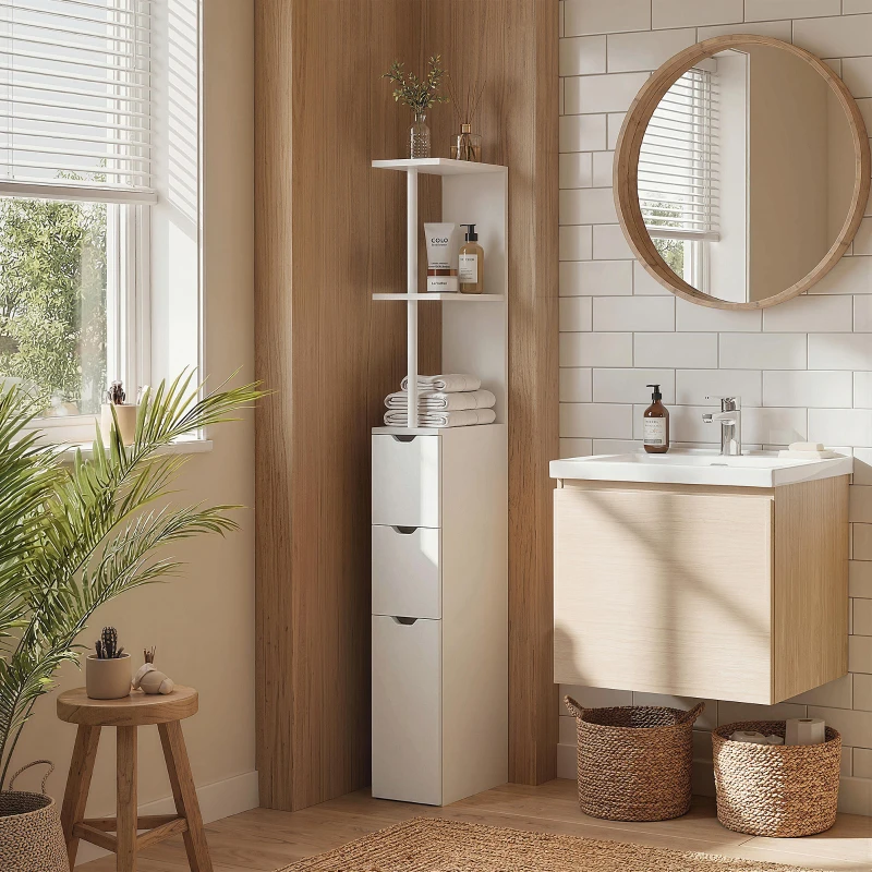 HOMCOM Colonna Bagno con Armadietto, Ripiani e Cassetti, in Legno, 15x33x136.8 cm, Bianco