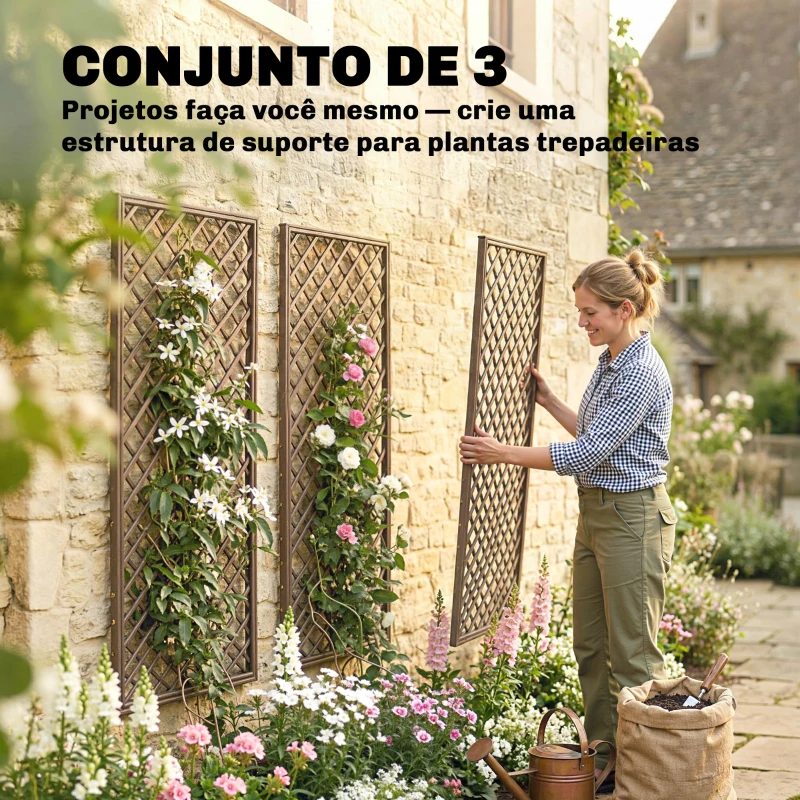 Outsunny Conjunto de 3 Treliças de Jardim em Vime Suportes para Plantas Trepadeiras com Topo Plano 43x112 cm Marrom
