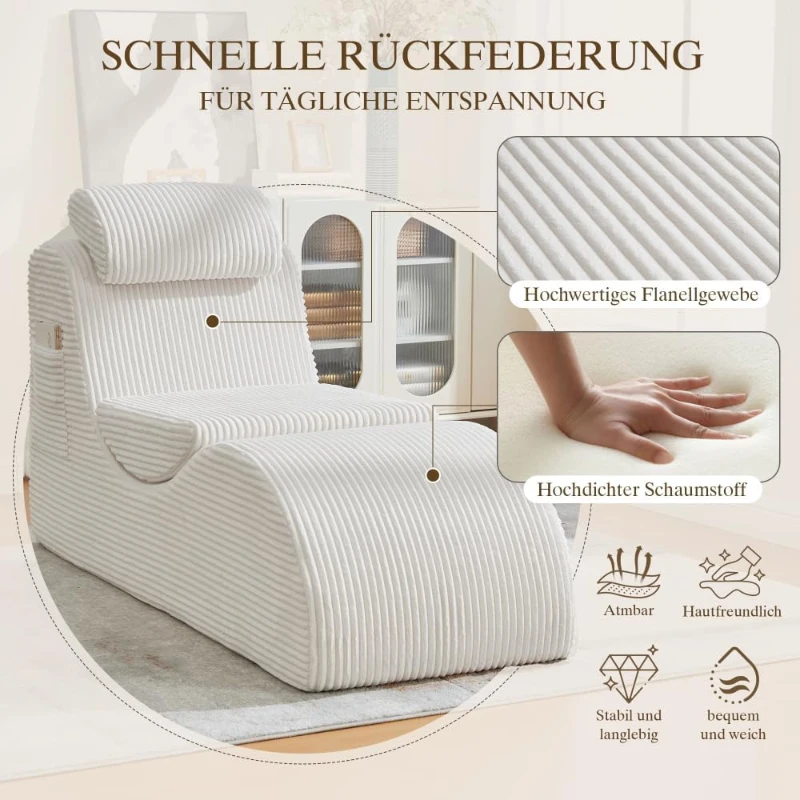 Moderner Freizeit-Sessel mit ergonomischer Rückenlehne, abnehmbarem Sitzkissen und Seitentasche, 160 x 66 x 90 cm, Beige