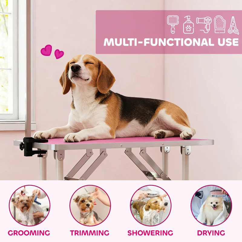 PawHut 32" Foldable Dog Grooming Table Pet Drying Beauty Table Adjustable Fixed Arm Rubber Top, Pink