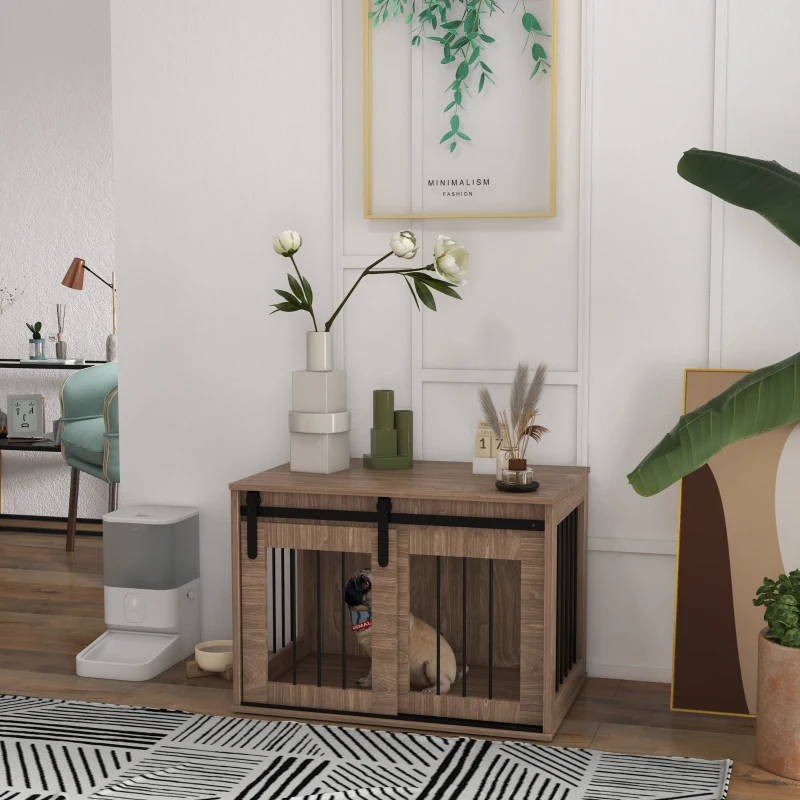 PawHut Cage caisse pour chien animaux intérieur porte coulissante, métal effet bois, dim. 57H x 80L x 54l cm