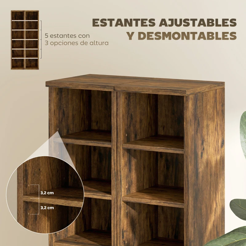 HOMCOM Set de 2 Estanterías para CDs y DVDs con 12 Compartimentos Estantes Ajustables 21x22,5x88,5 cm Marrón Rústico