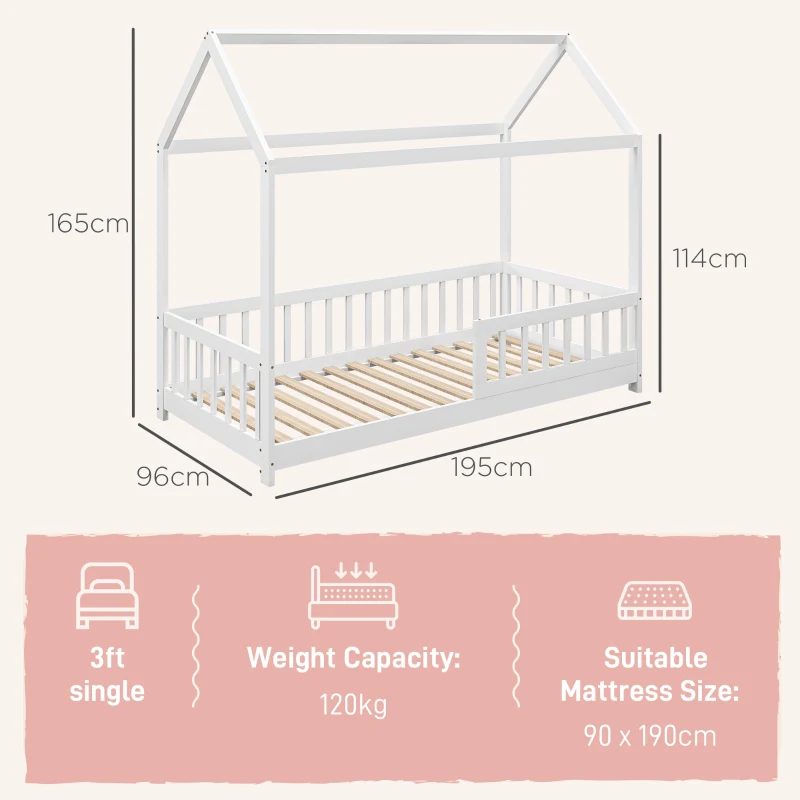 HOMCOM House-Shaped Kids Bed Frame with Guard Rails, Solid Pine Wood Single Bed Frame for Kids Boys and Girls