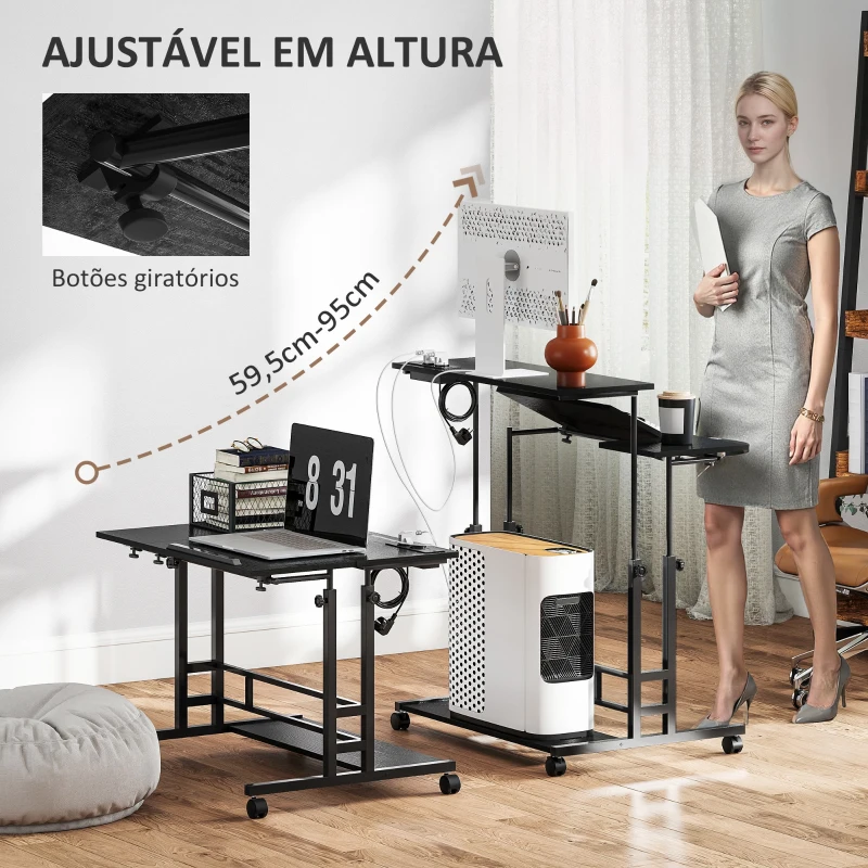 HOMCOM Secretária Elevatória com Rodas Tomadas e Entrada USB Altura Ajustável e Painel Central Inclinado 80x60x59,5-95 cm Preto