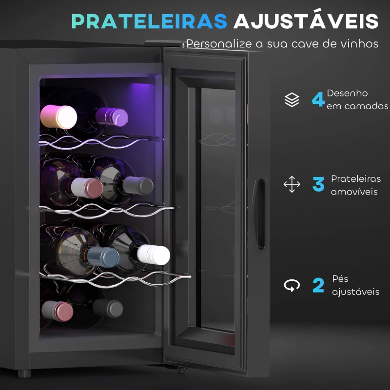 HOMCOM Cave para Vinhos com Refrigeração Termoelétrica Dupla Temperatura Ajustável 8-18℃ Porta de Vidro Anti-UV Ecrã LED Tátil Luz Interior 26,5x51,5x47,5 cm Preto