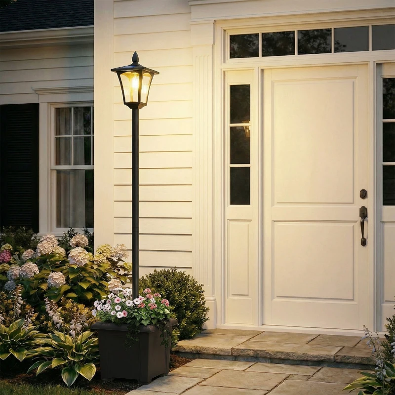 Outsunny Lampadaire solaire extérieur avec jardinière, lampadaire sur pied étanche, hauteur 160cm, pour jardin, cour, allée, noir