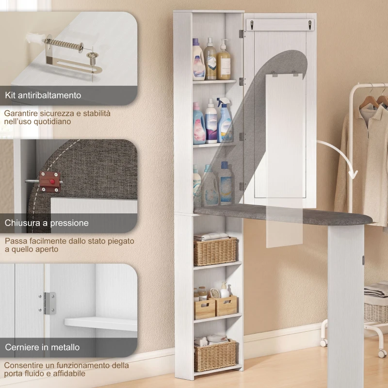 HOMCOM Mobile Asse da Stiro Pieghevole a 6 Ripiani con Specchio e 2 Ganci, in Legno e Poliestere, 107x35x174 cm, Bianco