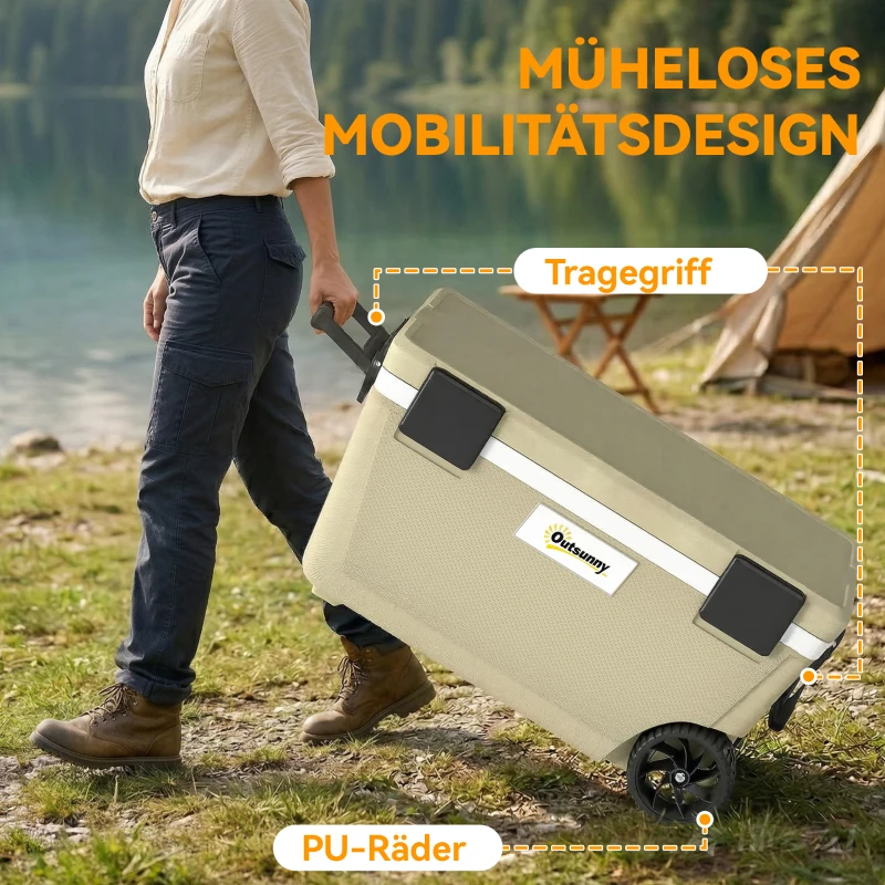 Outsunny Kühlbox 70L Große Passive Thermobox bis zu 72 Std. Kühlung, mit PU-Vollschaumisolierung Rädern Ablassventil Griff